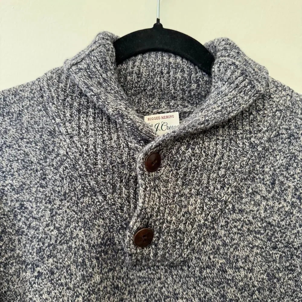 J. Crew Blue Marled Rugged Merino Wool Blend Shawl Collar Sweater Medium